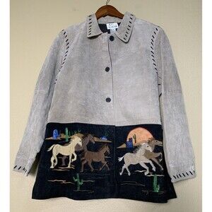 NEW Quacker Factory Running Horses Western Leather Suede Jacket Gray Black L